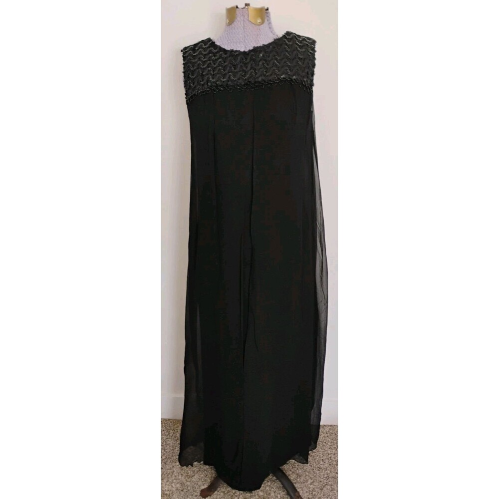 Vtg 60's Maxi Dress Gown Black Empire Waist Sequin Silk Overlay Romantic Classy